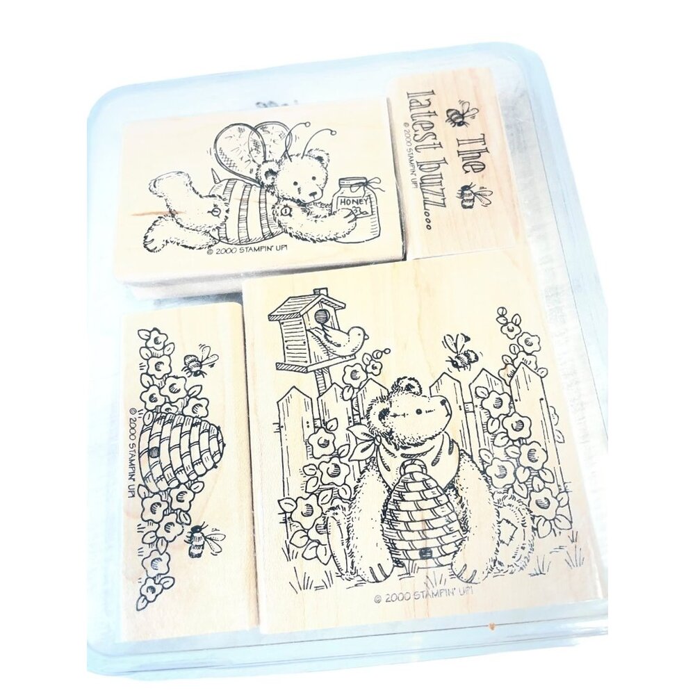 Stampin' Up! "Honey Bear" Wood Mount Stamp Set Bears Bees Nature 4-Piece 2000